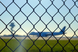 Valla perimetral de un aeropuerto con un avión y la torre de control al fondo