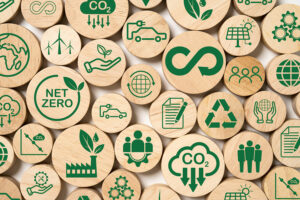iconos relacionados con la sostenibilidad impresos en madera