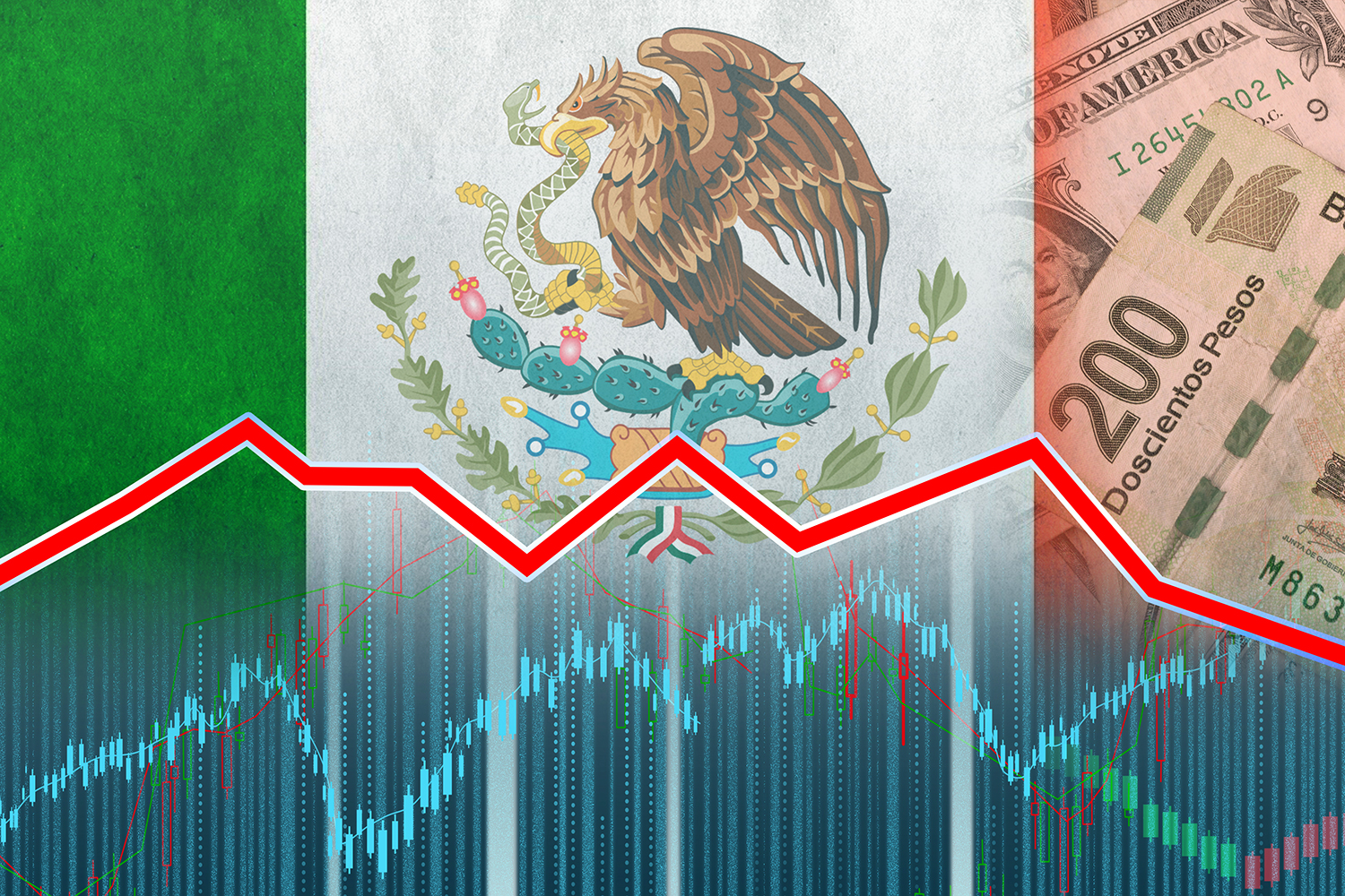 bandera de México junto a billetes de pesos mexicanos y un gráfico económico