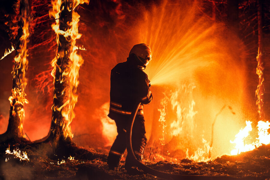 un bombero trata de extinguir un incendio forestal